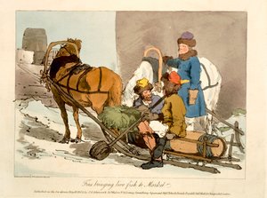 Vinnen Brengen Levend Vis naar de Markt, geëtst door de kunstenaar, gepubliceerd 1804 door John Augustus Atkinson